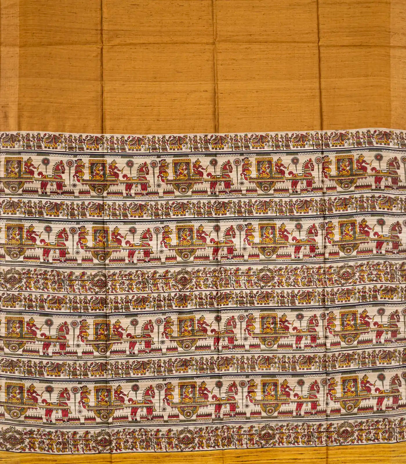 Mustard Handloom Plain Dupion Silk Saree With Printed Chariot Motifs-Mustard