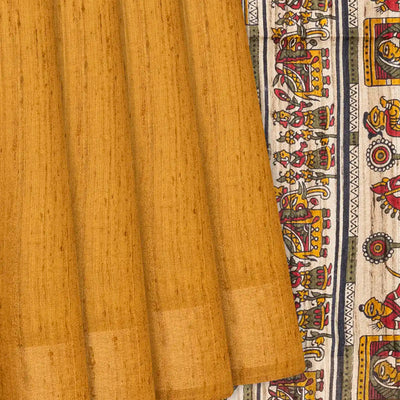 Mustard Handloom Plain Dupion Silk Saree With Printed Chariot Motifs-Mustard