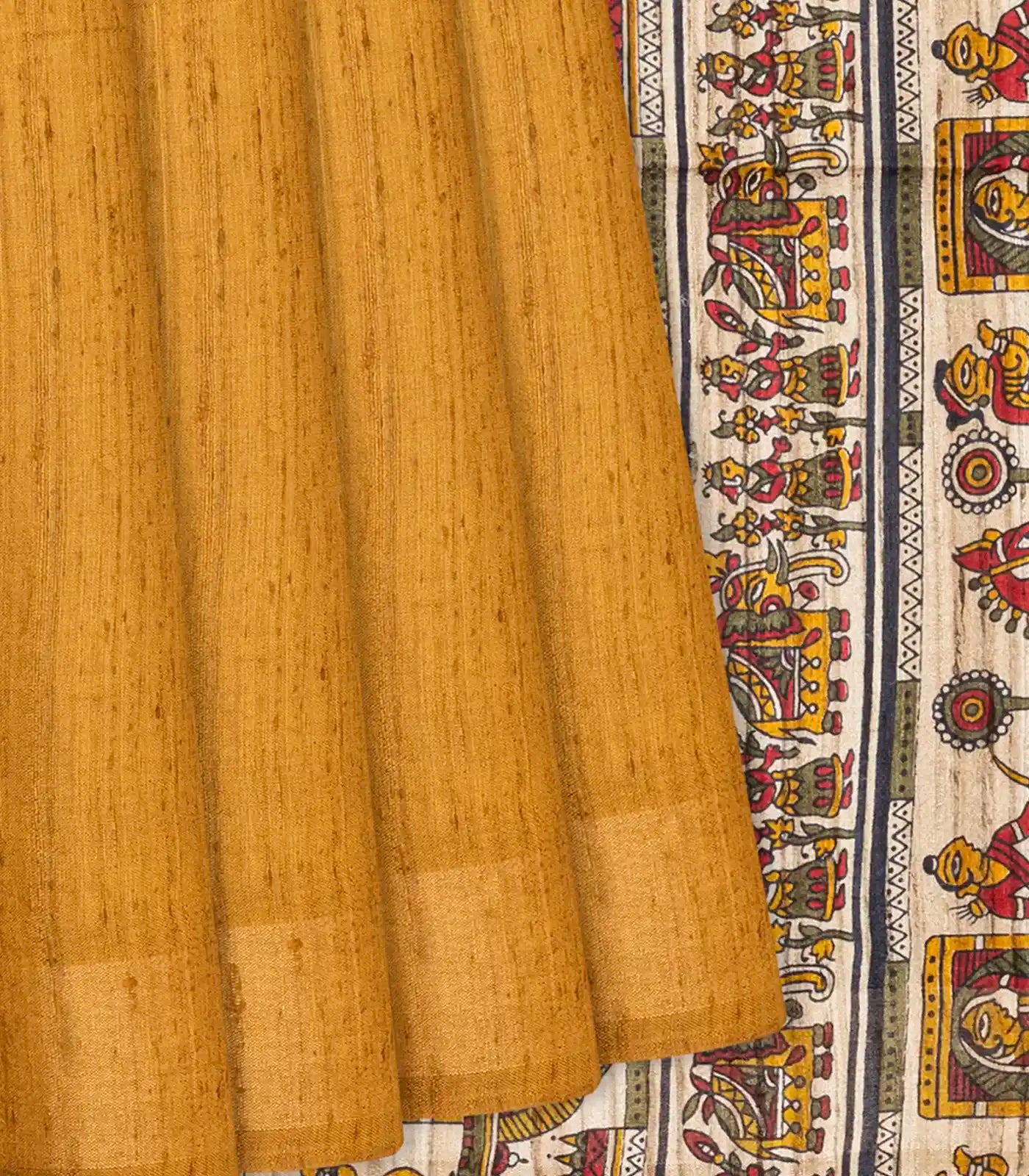 Mustard Handloom Plain Dupion Silk Saree With Printed Chariot Motifs-Mustard