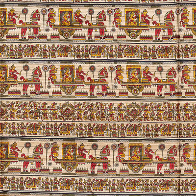 Mustard Handloom Plain Dupion Silk Saree With Printed Chariot Motifs-Mustard