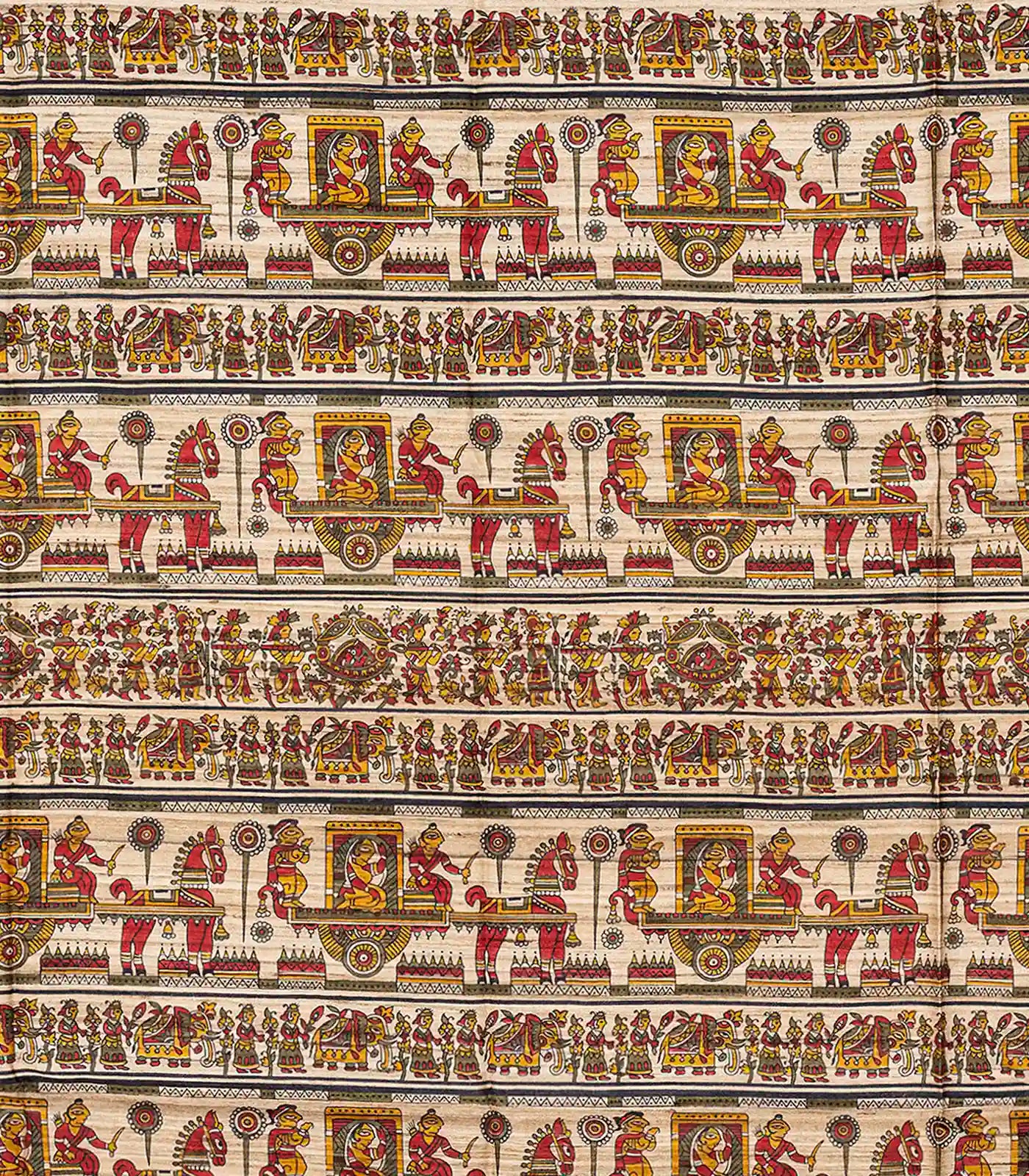 Mustard Handloom Plain Dupion Silk Saree With Printed Chariot Motifs-Mustard