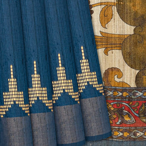 Indigo Handloom Plain Dupion Silk Saree With Printed Lord Krishna Motifs-Ink Blue