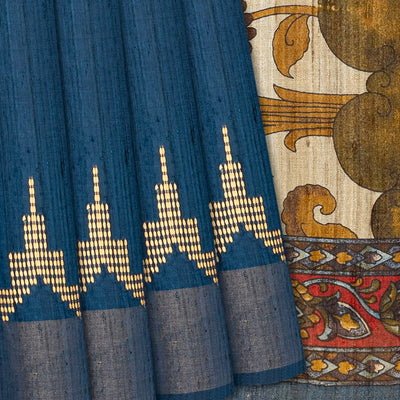 Indigo Handloom Plain Dupion Silk Saree With Printed Lord Krishna Motifs-Ink Blue