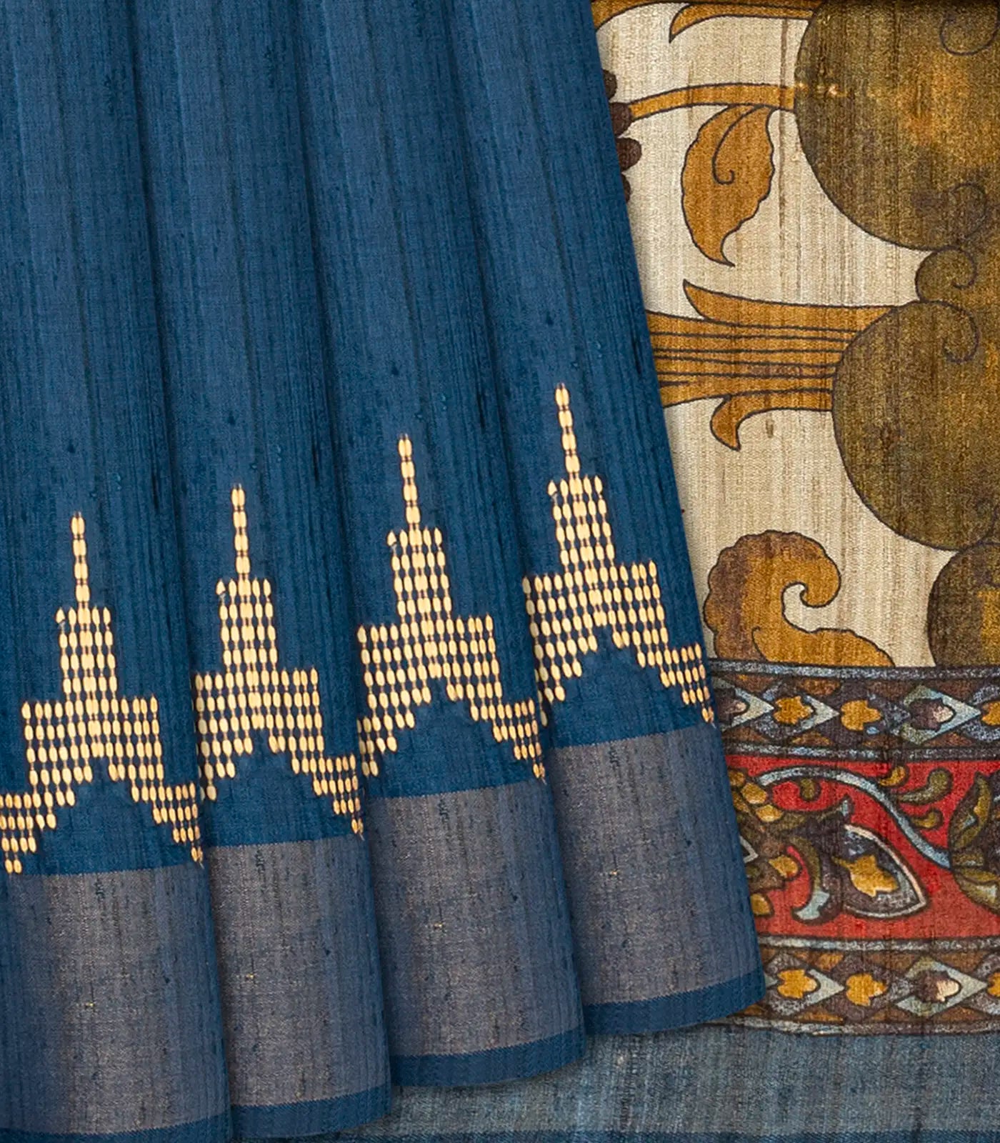 Indigo Handloom Plain Dupion Silk Saree With Printed Lord Krishna Motifs-Ink Blue