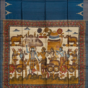 Indigo Handloom Plain Dupion Silk Saree With Printed Lord Krishna Motifs-Ink Blue