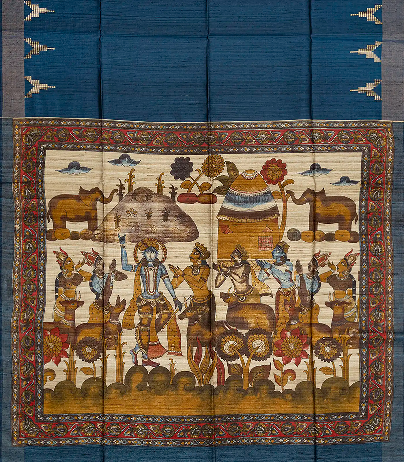 Indigo Handloom Plain Dupion Silk Saree With Printed Lord Krishna Motifs-Ink Blue