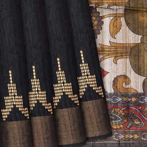 Black Handloom Plain Dupion Silk Saree With Printed Lord Krishna Motifs-Black