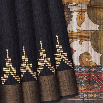 Black Handloom Plain Dupion Silk Saree With Printed Lord Krishna Motifs-Black