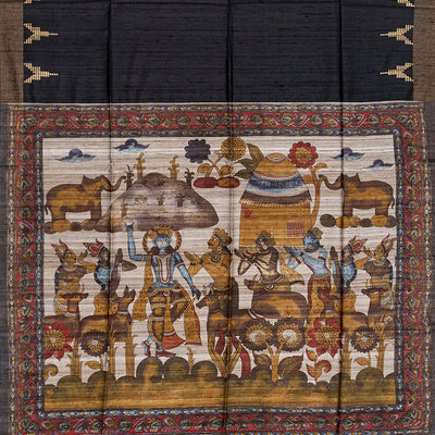 Black Handloom Plain Dupion Silk Saree With Printed Lord Krishna Motifs-Black