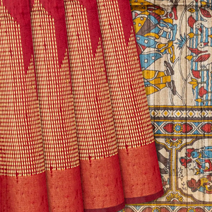 Red Handloom Plain Dupion Silk Saree With Printed Lord Krishna Leela Motifs-Red