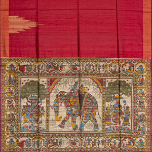 Red Handloom Plain Dupion Silk Saree With Printed Lord Krishna Leela Motifs-Red
