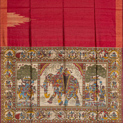 Red Handloom Plain Dupion Silk Saree With Printed Lord Krishna Leela Motifs-Red