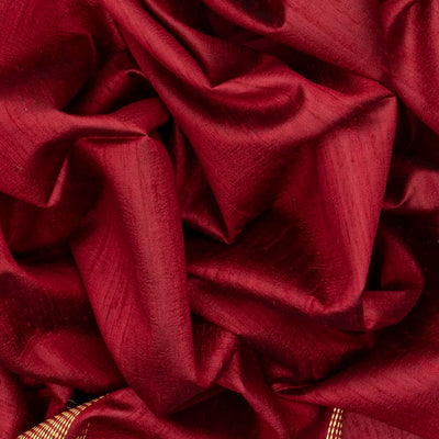 Red Handloom Plain Dupion Silk Saree With Printed Lord Krishna Leela Motifs-Red