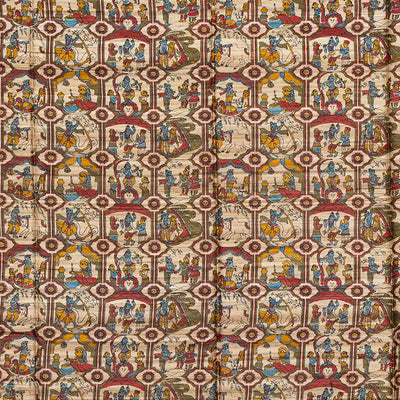 Red Handloom Plain Dupion Silk Saree With Printed Lord Krishna Leela Motifs-Red