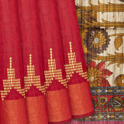 Red Handloom Plain Dupion Silk Saree With Printed Lord Krishna Motifs-Red