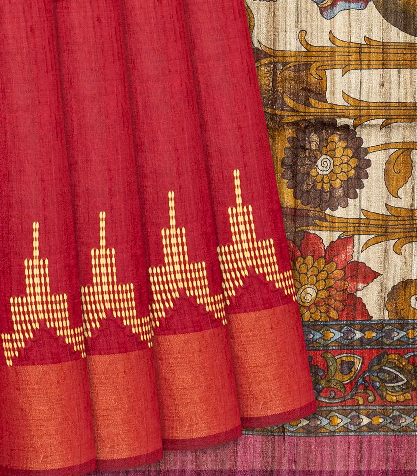 Red Handloom Plain Dupion Silk Saree With Printed Lord Krishna Motifs-Red