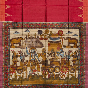 Red Handloom Plain Dupion Silk Saree With Printed Lord Krishna Motifs-Red