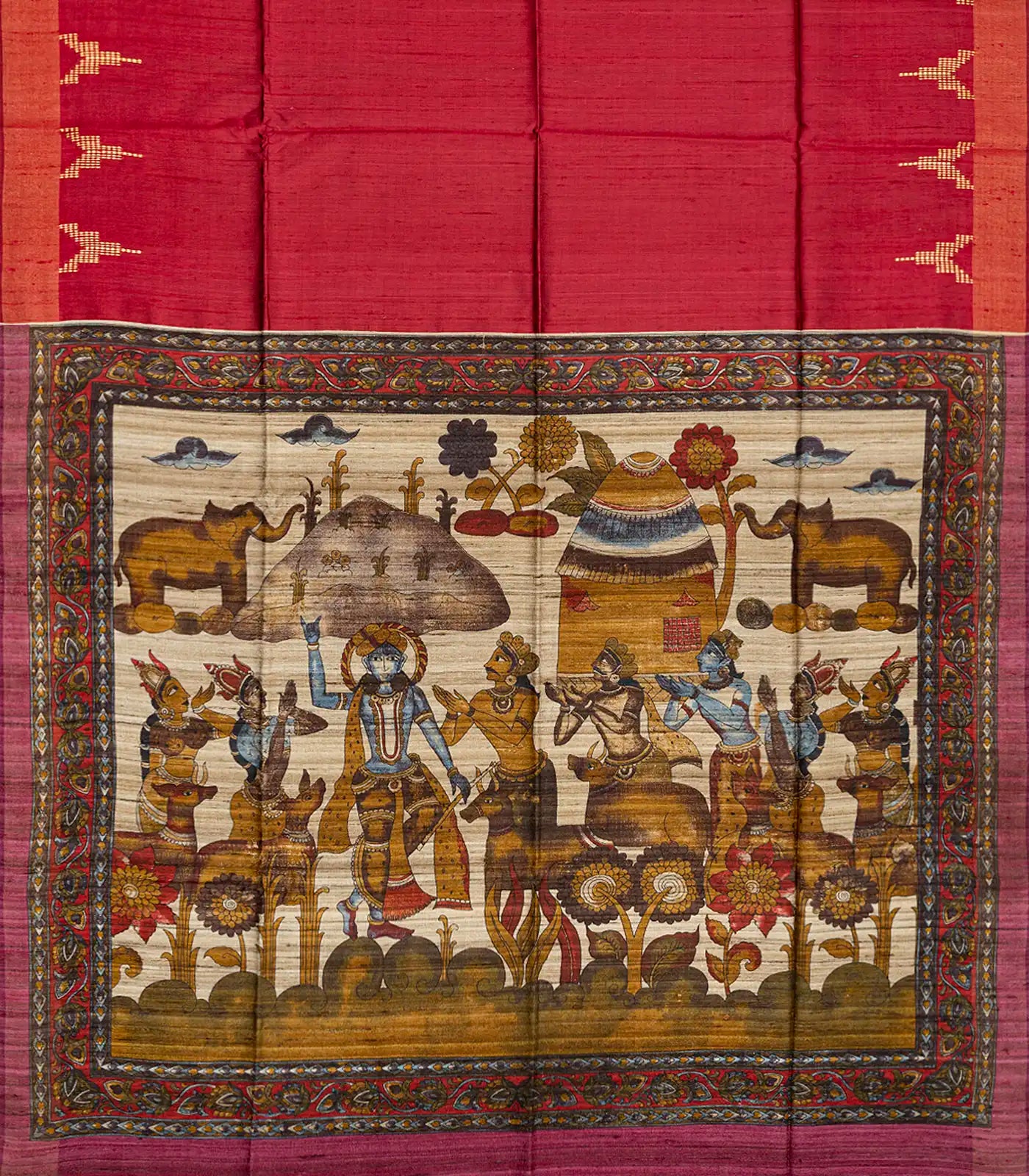 Red Handloom Plain Dupion Silk Saree With Printed Lord Krishna Motifs-Red