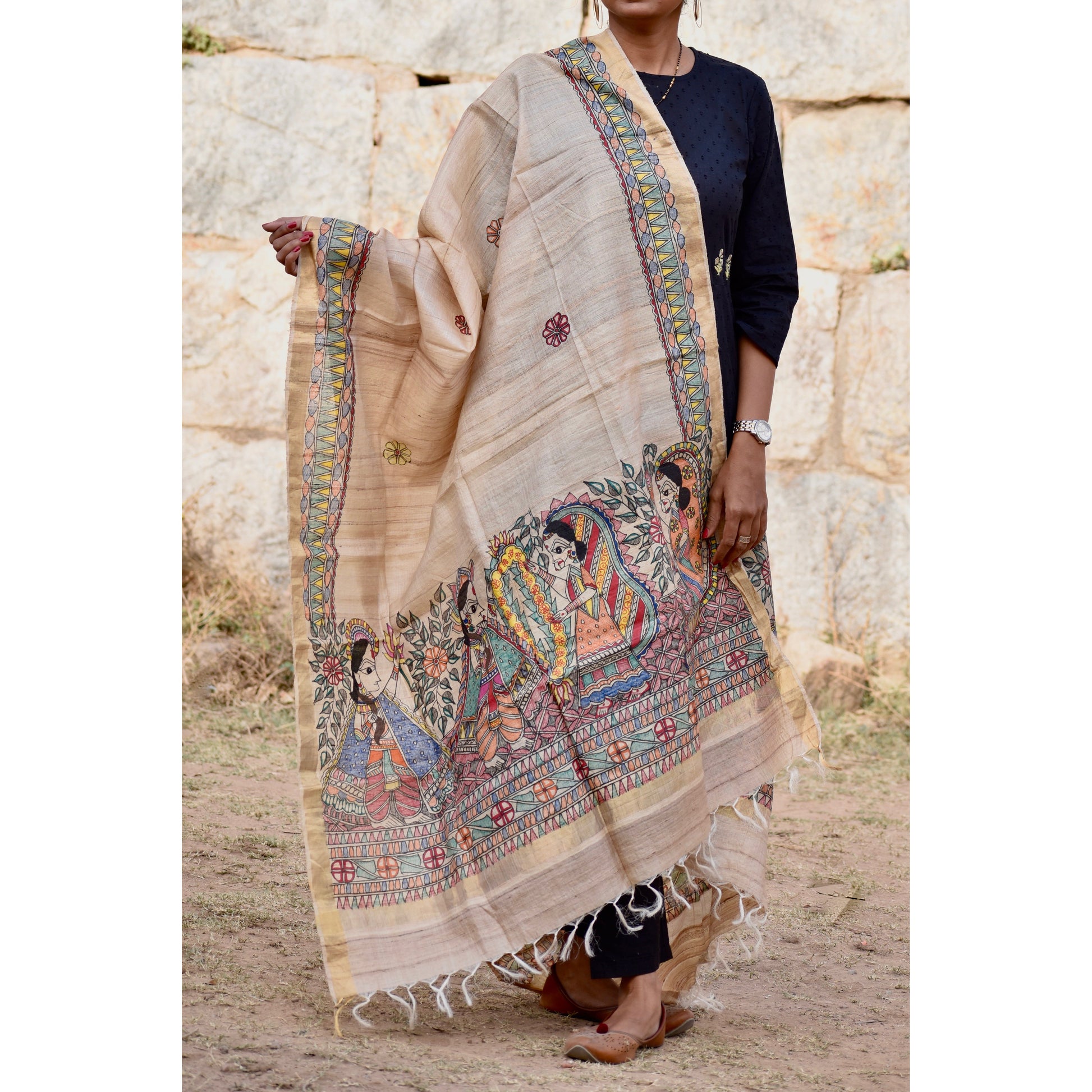 Beige - Madhubani Hand-Painted Natural Tussar Silk Dupatta