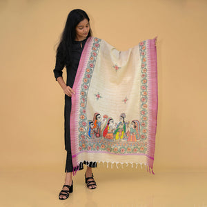 Beige - Madhubani Handpainted Gopiyan Cotton Dupatta