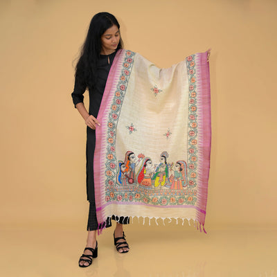 Beige - Madhubani Handpainted Gopiyan Cotton Dupatta