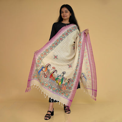 Beige - Madhubani Handpainted Gopiyan Cotton Dupatta