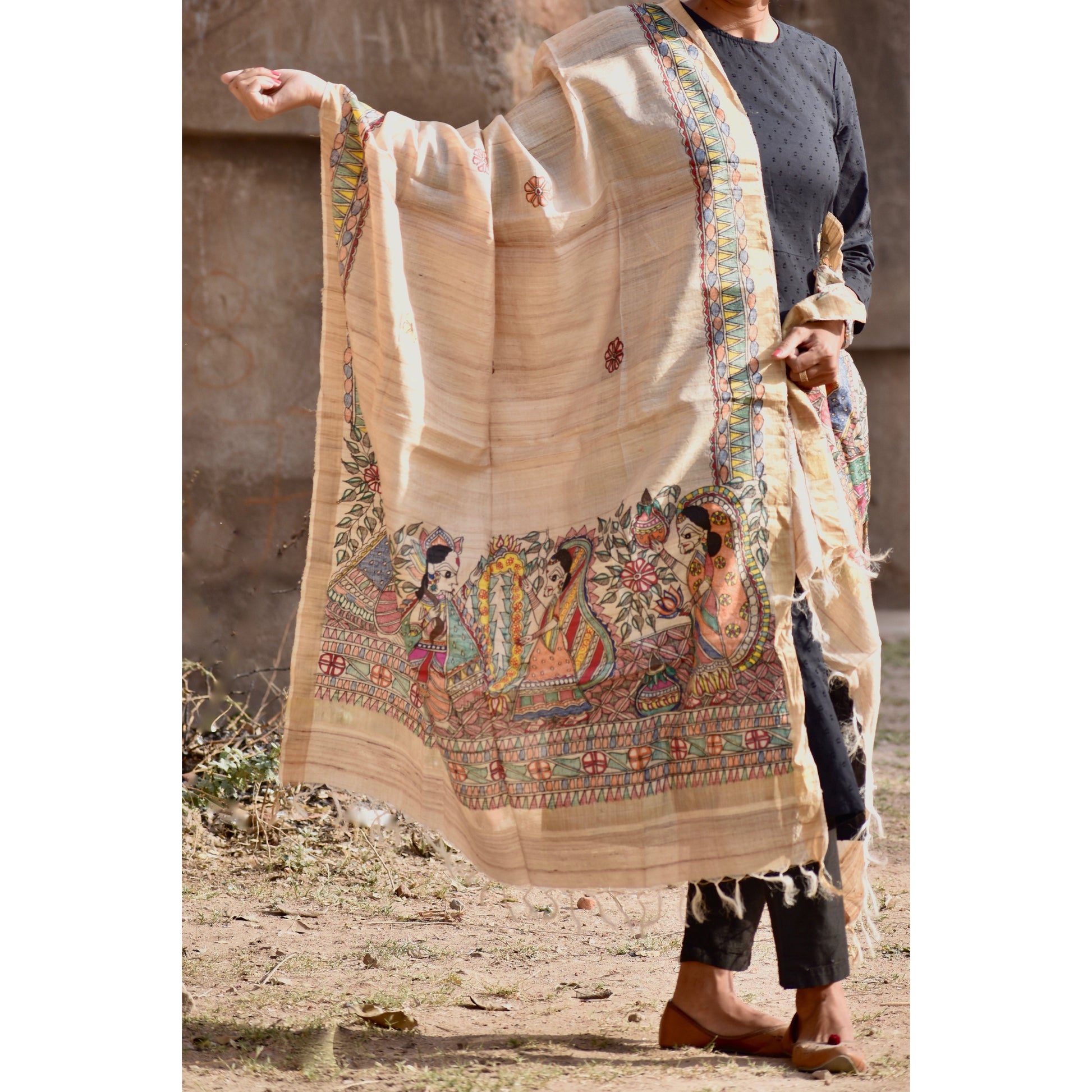 Beige - Madhubani Hand-Painted Natural Tussar Silk Dupatta