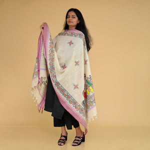 Beige - Madhubani Handpainted Gopiyan Cotton Dupatta