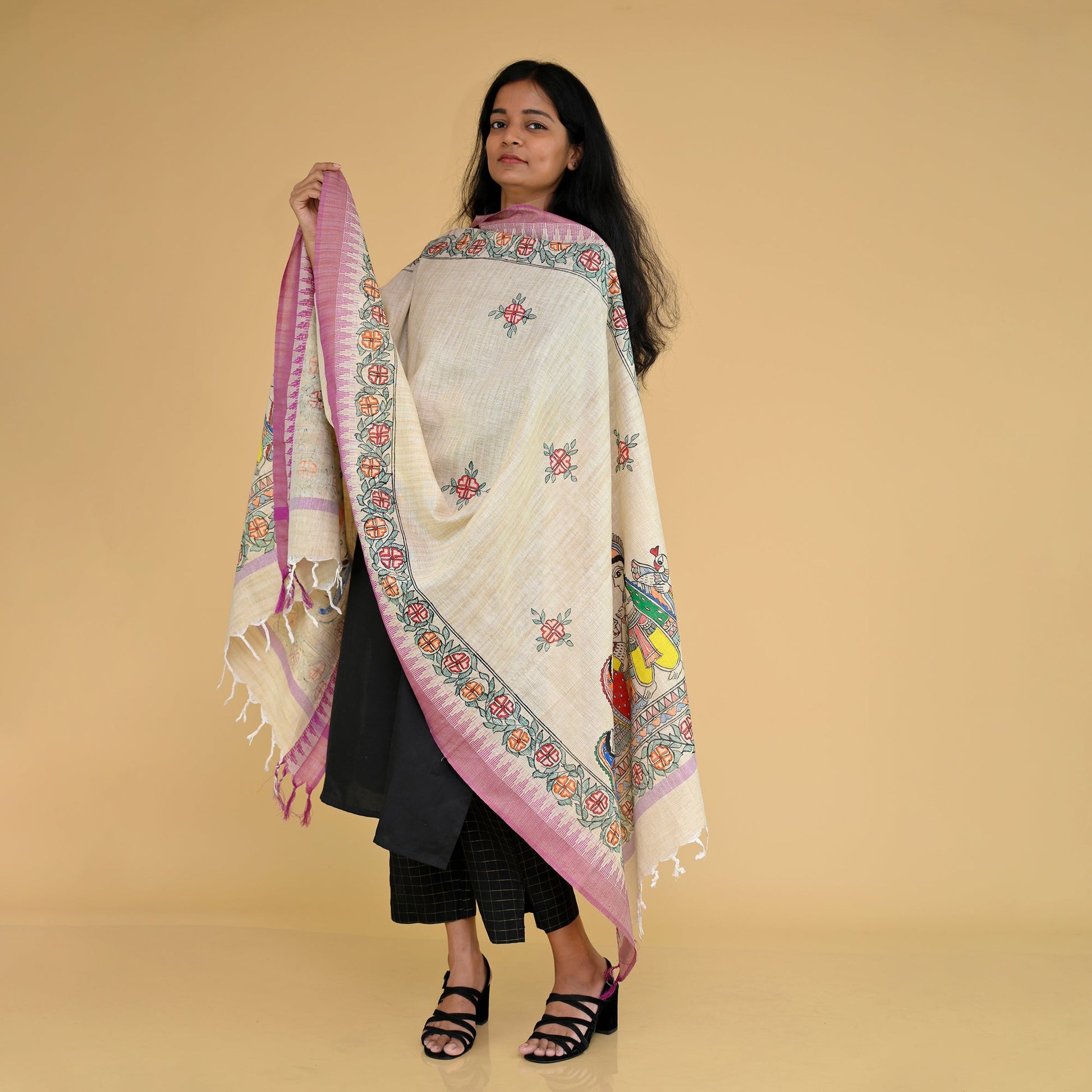 Beige - Madhubani Handpainted Gopiyan Cotton Dupatta