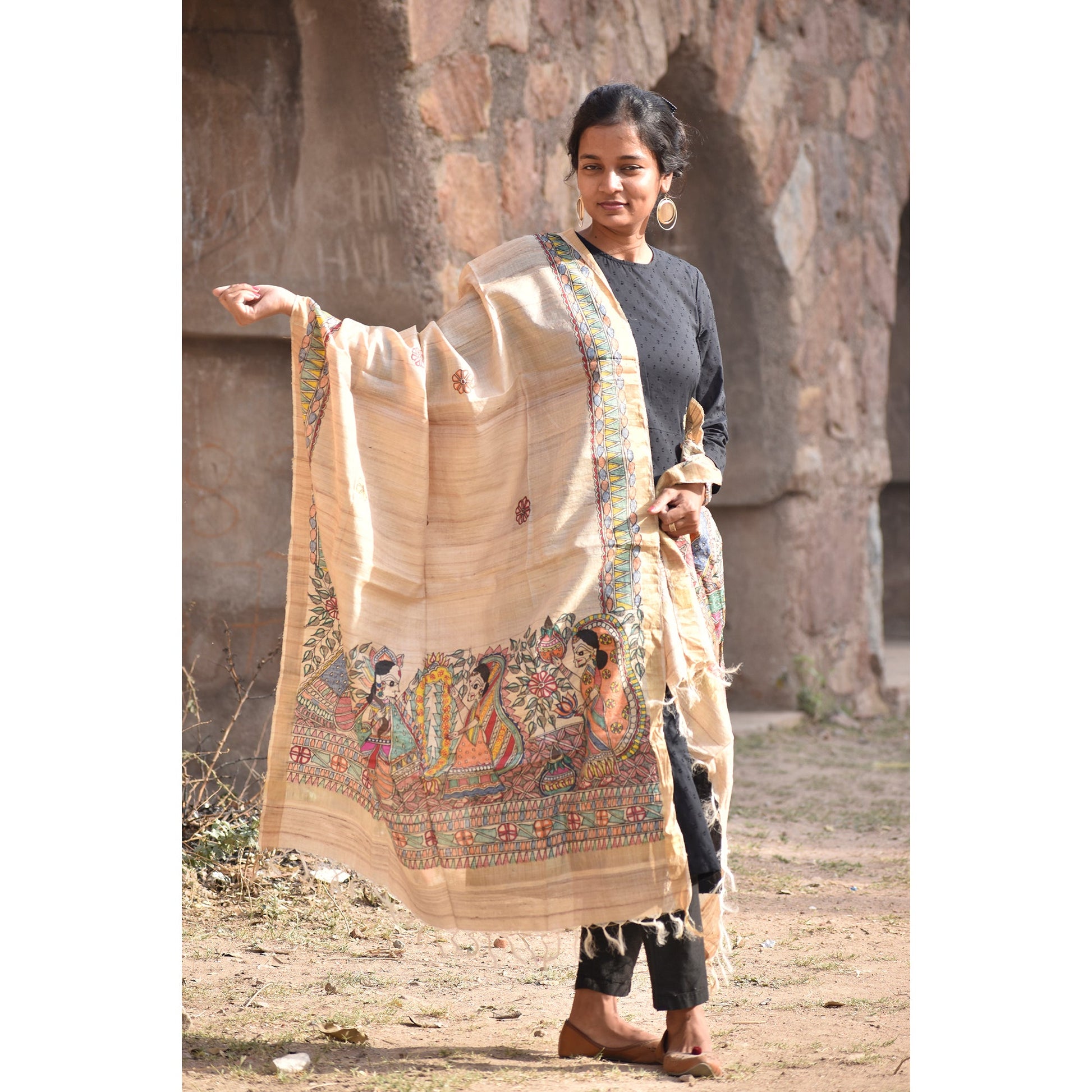 Beige - Madhubani Hand-Painted Natural Tussar Silk Dupatta