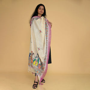 Beige - Madhubani Handpainted Gopiyan Cotton Dupatta