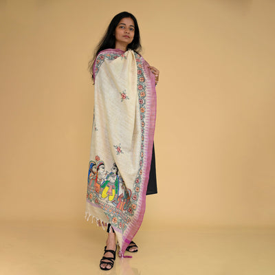 Beige - Madhubani Handpainted Gopiyan Cotton Dupatta