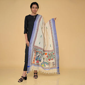 Beige - Handpainted Radhakrishna Madhubani Cotton Dupatta