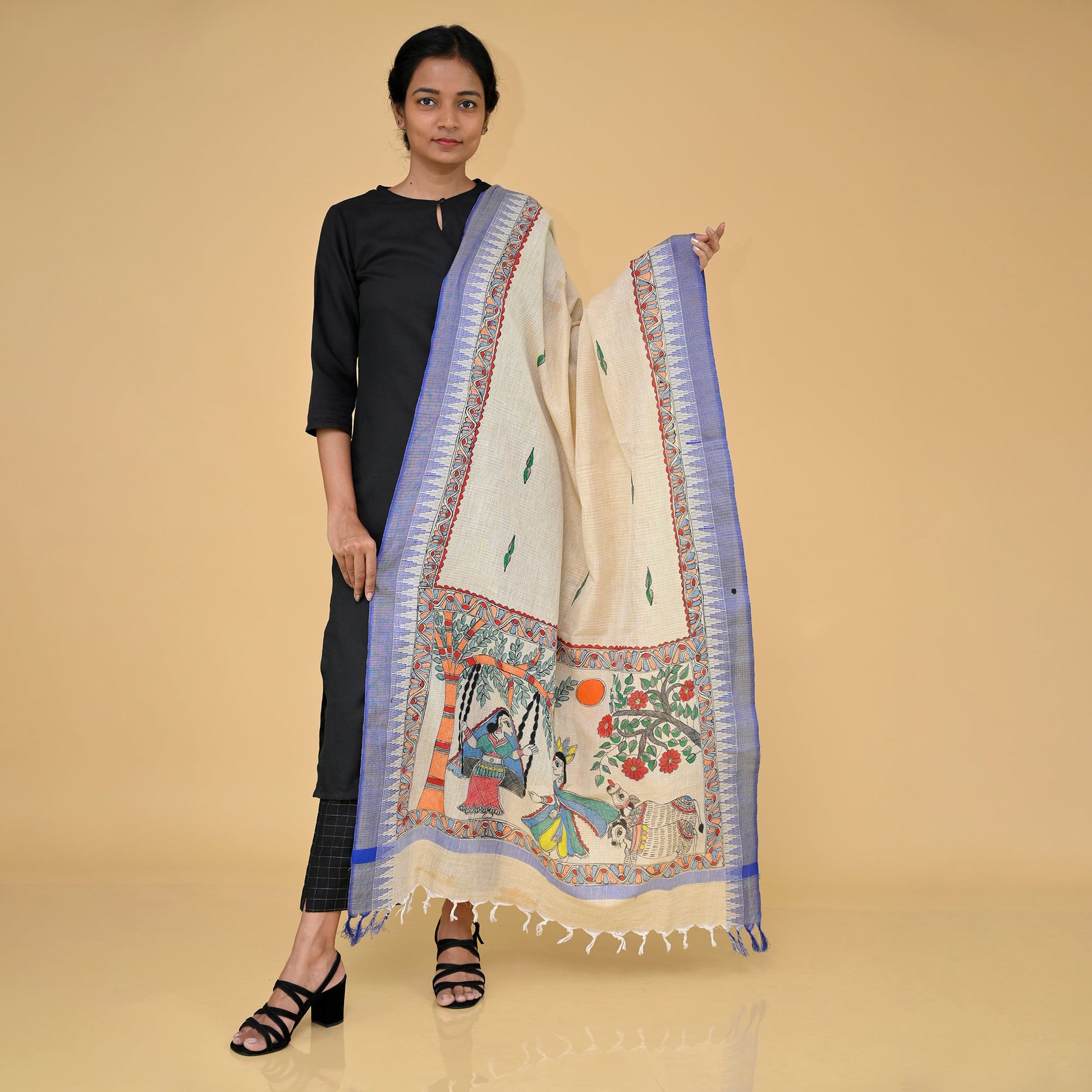 Beige - Handpainted Radhakrishna Madhubani Cotton Dupatta