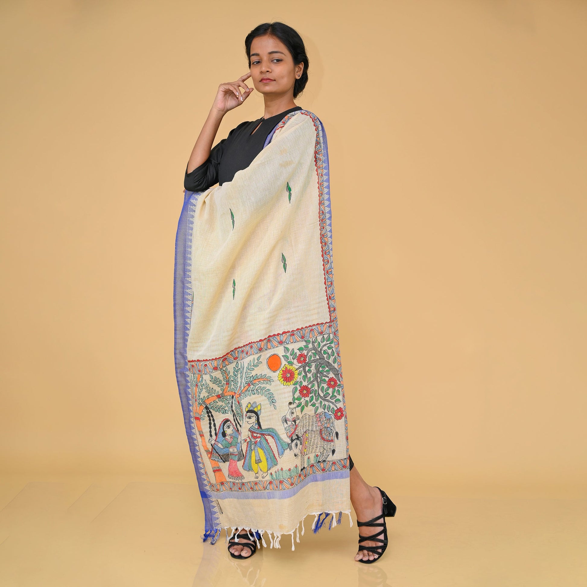 Beige - Handpainted Radhakrishna Madhubani Cotton Dupatta