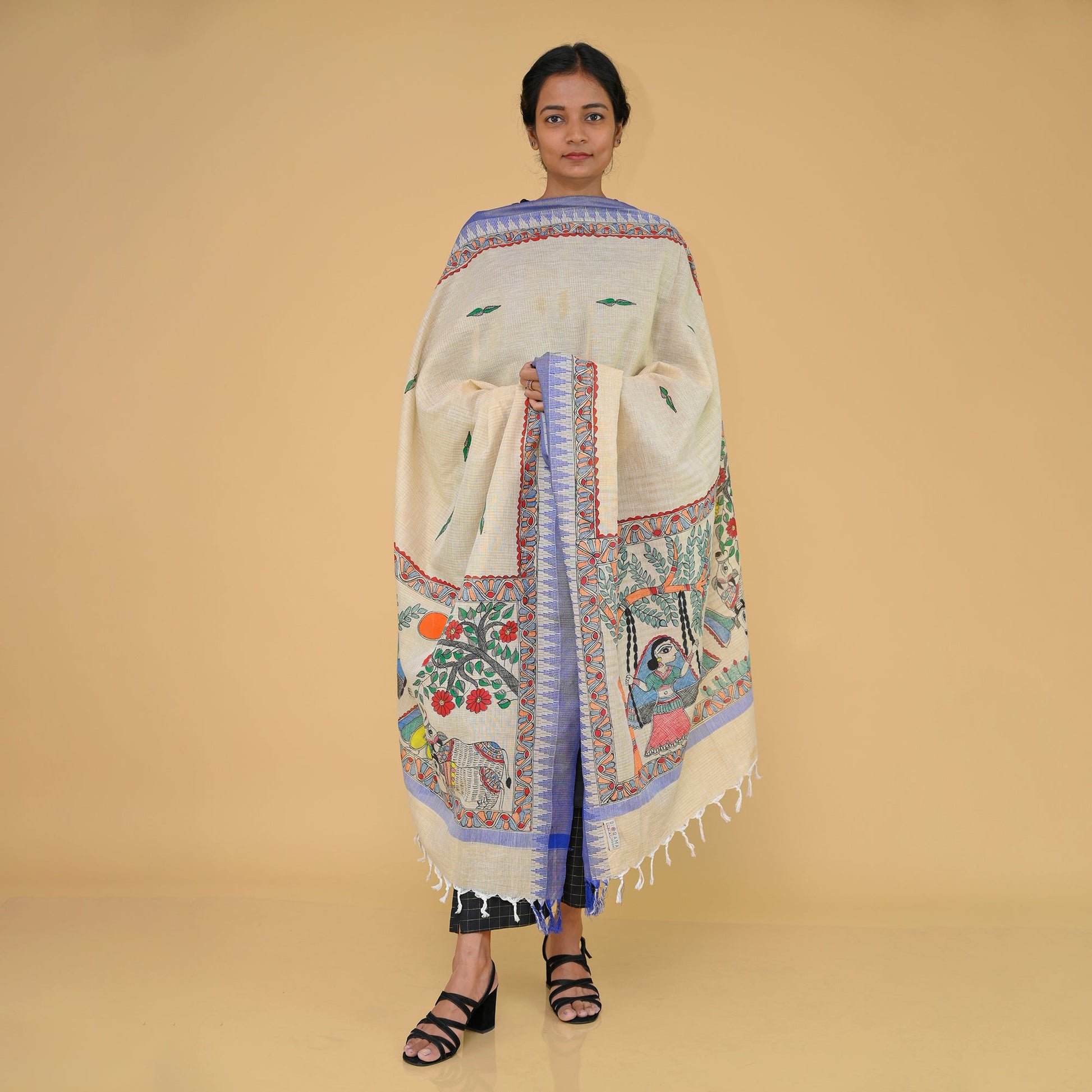 Beige - Handpainted Radhakrishna Madhubani Cotton Dupatta