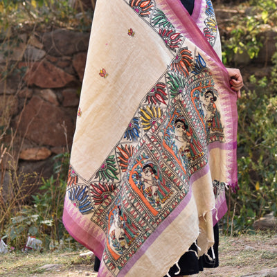 Beige - Madhubani Hand-Painted Cotton Dupatta