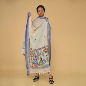 Beige - Handpainted Radhakrishna Madhubani Cotton Dupatta