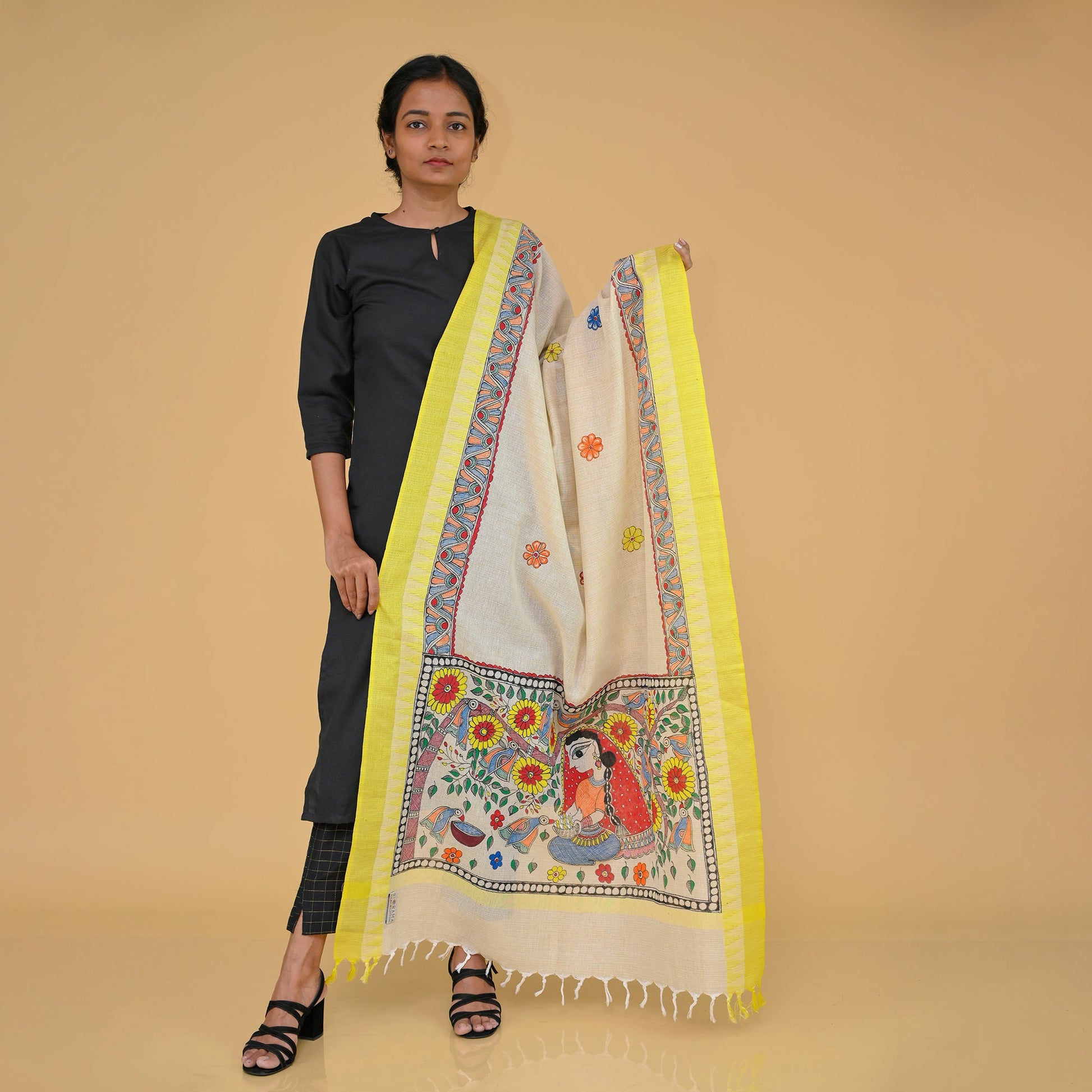 Beige - Handpainted "Nature" Madhubani Cotton Dupatta