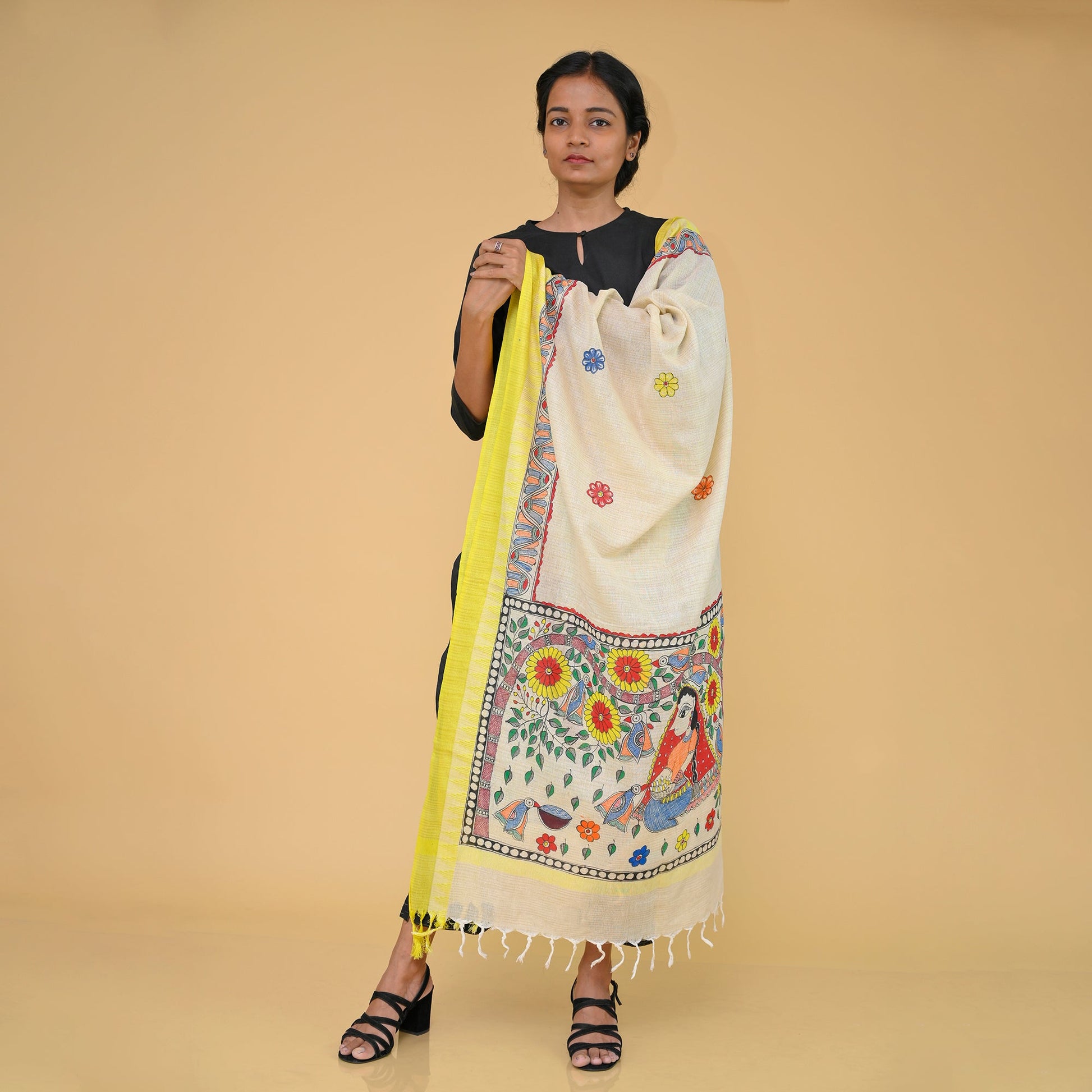 Beige - Handpainted "Nature" Madhubani Cotton Dupatta