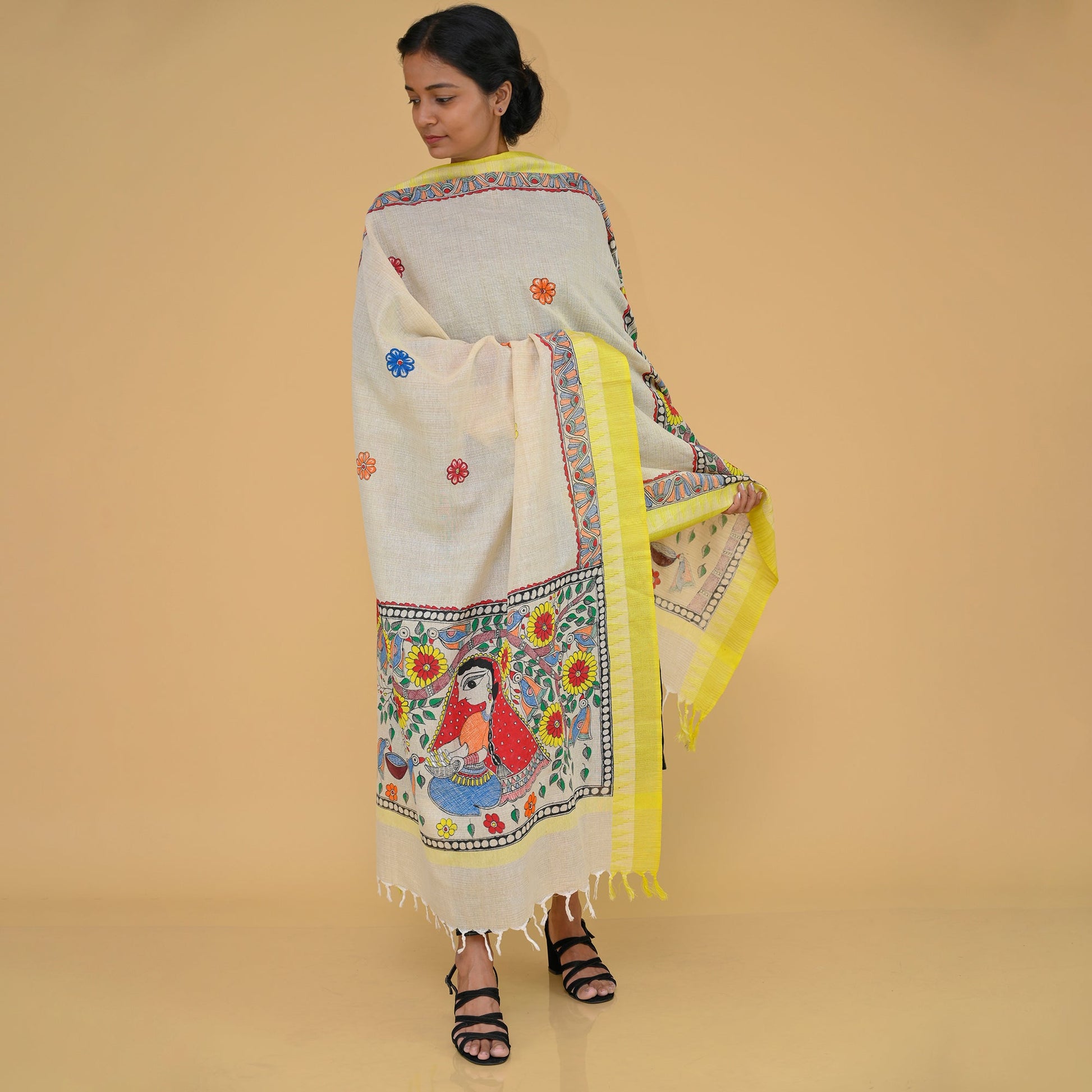Beige - Handpainted "Nature" Madhubani Cotton Dupatta