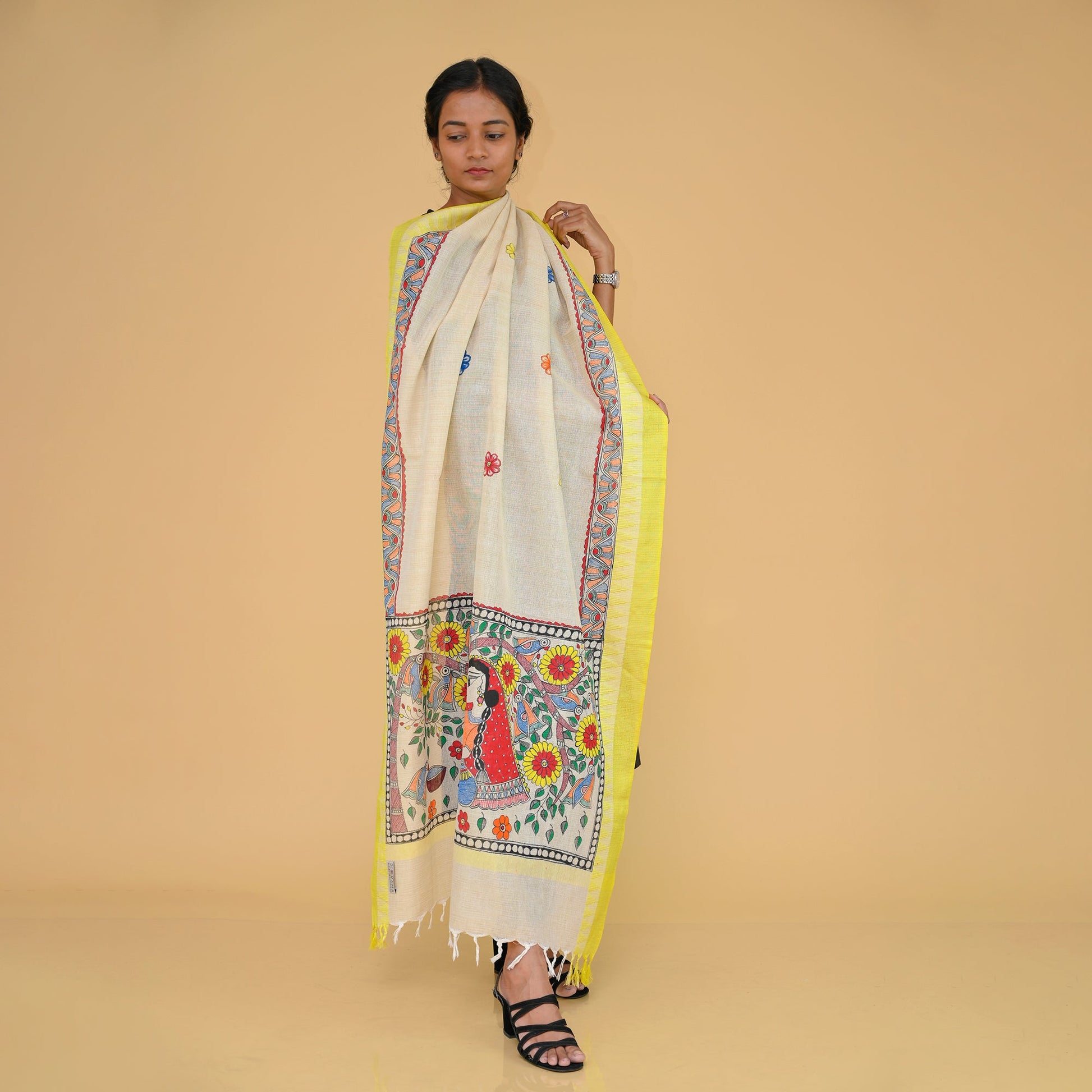 Beige - Handpainted "Nature" Madhubani Cotton Dupatta