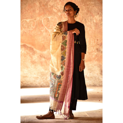 Beige - Madhubani Hand-Painted Cotton Dupatta