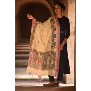 Beige - Madhubani Hand-Painted Cotton Dupatta