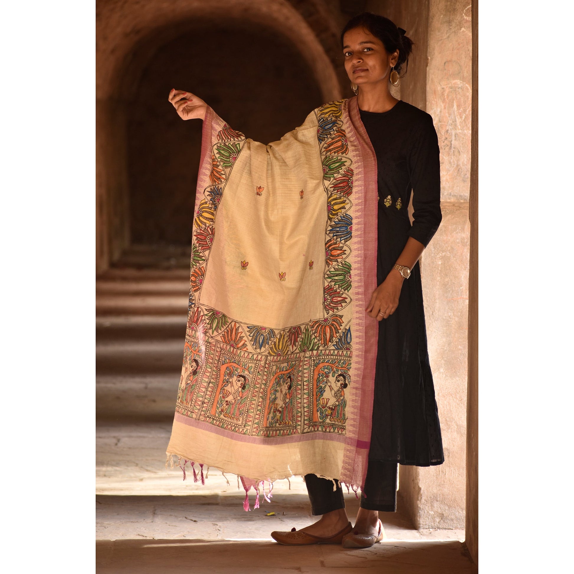 Beige - Madhubani Hand-Painted Cotton Dupatta