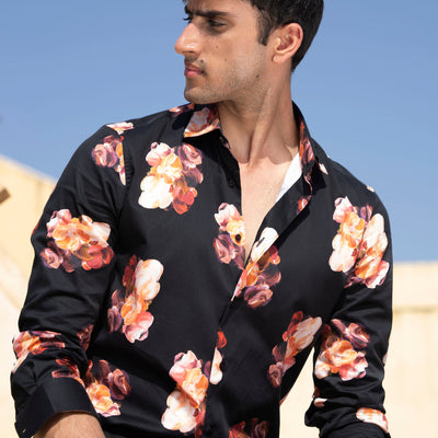 Rare Rabbit Men's Zinnia Black Cotton Fabric Floral Print Full Sleeves Shirt