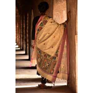 Beige - Madhubani Hand-Painted Cotton Dupatta