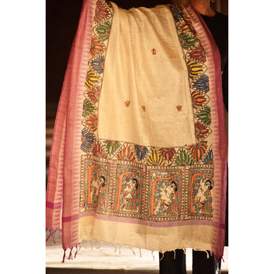 Beige - Madhubani Hand-Painted Cotton Dupatta