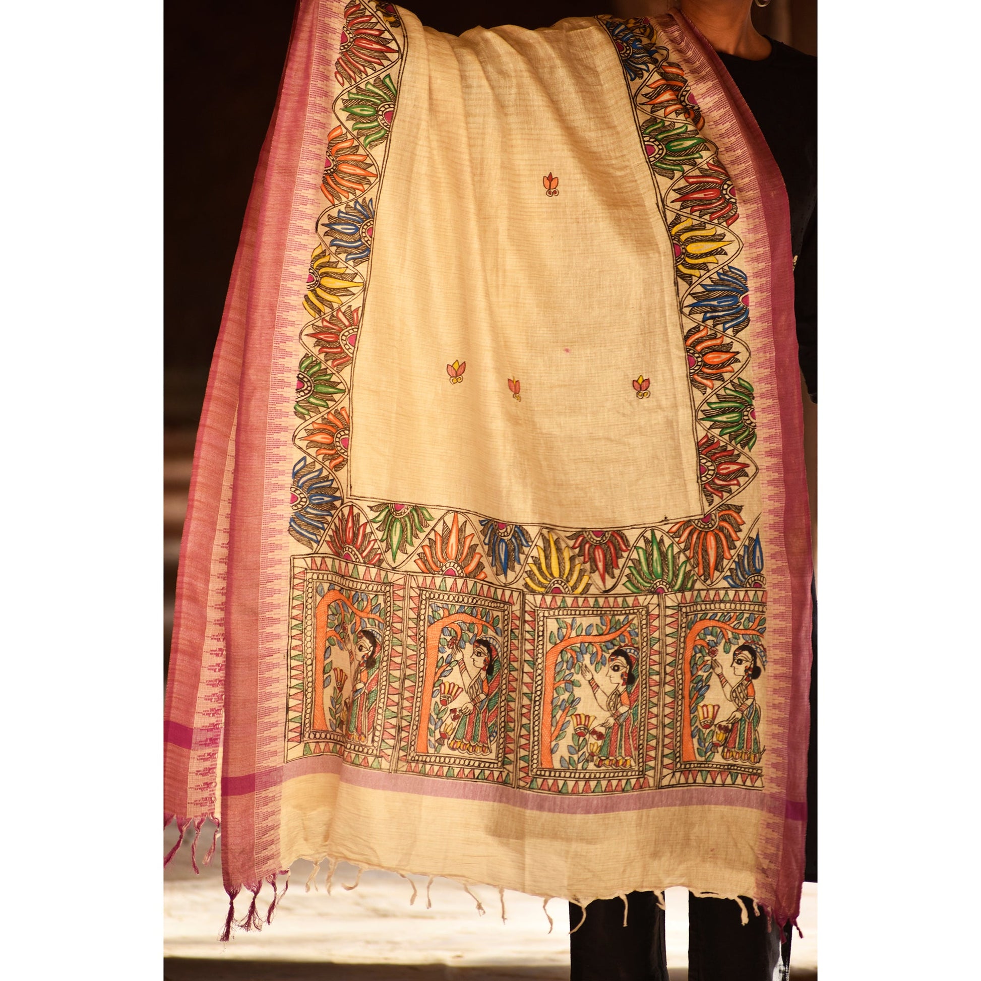Beige - Madhubani Hand-Painted Cotton Dupatta