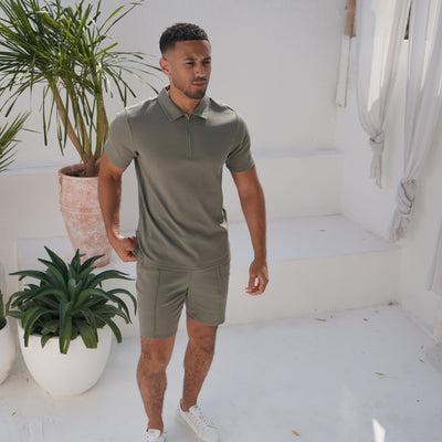 CAPO Textured Light Olive Polo Zip-Up Shirt